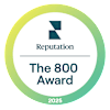 A circular logo with the text "Reputation", "The 800 Award", and "2025" on it.