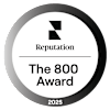 A black and white image of a badge for the 800 award given by Reputation in 2025.