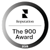 A black and white image of a badge for the Reputation 900 Award 2025.