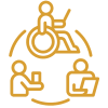 a person in a wheelchair and two other people sitting on a computer