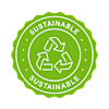A green circular badge with the word "SUSTAINABLE" written on it and a recycling symbol in the center.