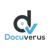 The image is a logo for Docuverus, featuring a stylized 'd' and 'v' in shades of blue.