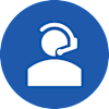 A blue circle with a white icon of a person wearing a headset.
