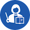 A blue sign with a white icon of a person holding a pen and a book.