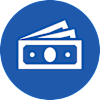 A blue circle with a white icon of a banknote and a pen on top.