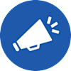 A white megaphone icon is centered in a blue circle.