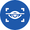 A blue circle with a white eye in the center and four white squares around it.