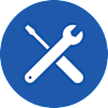 A blue sign with a white crossed wrench and screwdriver.