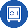 A blue circle with a white icon of a safe in the center.