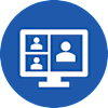 A blue circle with a white icon of a computer screen showing two people.