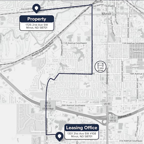A map shows a property and leasing office location at 1725 2nd Ave SW, Minot, ND 58701.