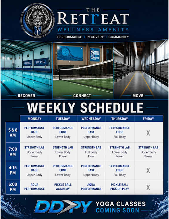 A poster advertising a wellness amenity with a weekly schedule for different activities.