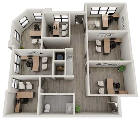 A 3D floor plan of a house with multiple rooms and furniture.