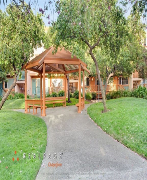 Gazebo surrounded by trees, Peninsula Pines Apartments, CA, 94080