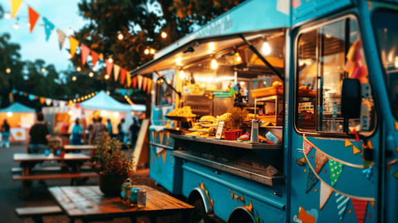 a food truck at a food market at night at Carmel Vista, McDonough, Georgia