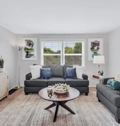 a living room with couches and a coffee table