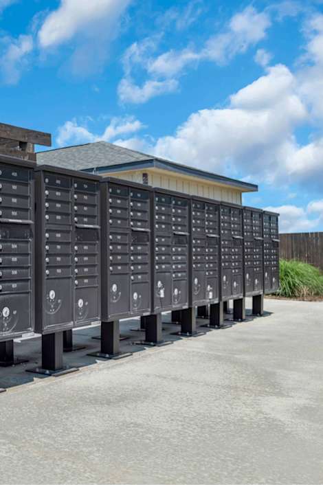 A series of black mailboxes are lined up on a sidewalk.