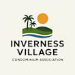 A logo for Inverness Village Condominium Association featuring palm trees, a sun, and a body of water.