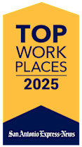 A yellow and blue banner with the words "Top Work Places 2025" written on it.