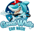 A cartoon shark is giving a car wash.