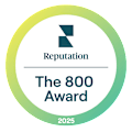 A circular logo with the text "Reputation", "The 800 Award", and "2025" on it.