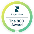 A circular logo with the text "Reputation", "The 800 Award", and "2026" on it.