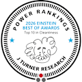 A circular emblem with the text "POWER RANKINGS 2026 EINSTEIN BEST OF AWARDS Top 10 in Cleanliness J TURNER RESEARCH".