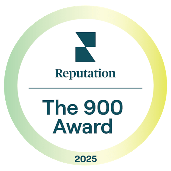 A circular logo with the text "Reputation", "The 900 Award", and the year "2025".