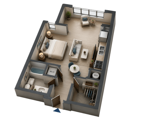 A 3D image of a room with a bed, couch, and desk.
