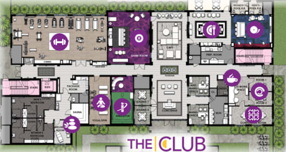 A floor plan of a club with various rooms and facilities labeled.