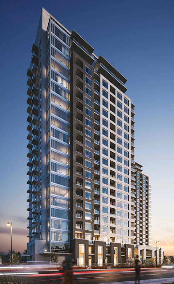 a rendering of a high rise apartment building with balconies