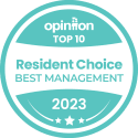 a white and teal circle with the words top 10 resident choice best management 2023