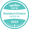 a white and teal circle with the words resident choice move in 2023