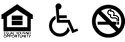 Three black and white symbols representing equal housing opportunity, disability, and no smoking.