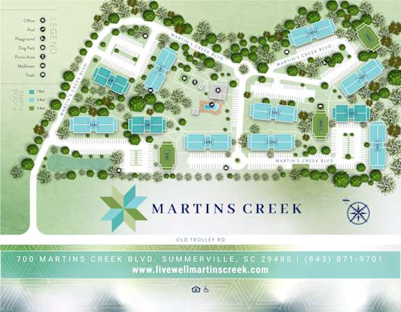 A map of the Martins Creek community with buildings, roads, and green spaces.