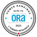 A badge indicating a 2023 power ranking of Ora by J Turner Research.