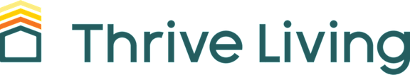 The image shows the logo of Thrive Living with a colorful design on the left and text on the right.