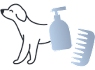 A dog, a spray bottle and a comb are shown.