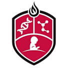 A red and white emblem featuring a DNA double helix, a flame, and a silhouette of a person.