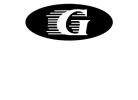 a white logo with a black background