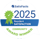 A badge indicating a community award winner for resident satisfaction in 2025.