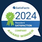 SatisFacts 2024 Resident Satisfaction Award badge featuring a green ribbon and the text ‘Company Award Winner.