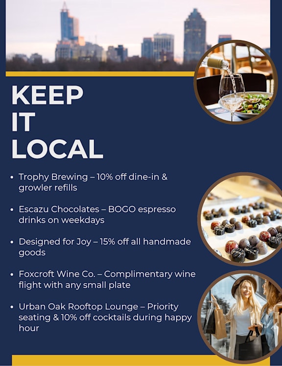 A poster promoting local businesses with images of food and drinks.