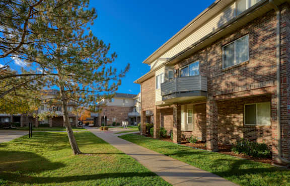 A tree stands on a sidewalk in front of apartment buildings.