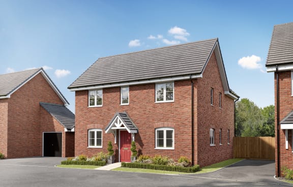 a rendering of a red brick house with a red door
