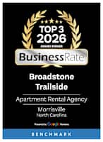 A black and gold award sign for a top 3 award winner from 2026 for a business named Broadstone Trailside.