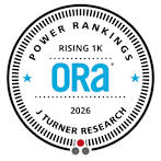 A circular badge with the text "POWER RANKINGS RISING 1K" and "ORa" prominently displayed in the center.
