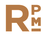 The image shows a large brown letter R on the left, a smaller brown letter P in the middle, and a larger brown letter M on the right.