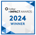 the impact awards 2020 winners logo with a blue and white frame