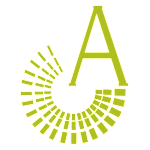 A yellow letter A with a yellow circle around it.